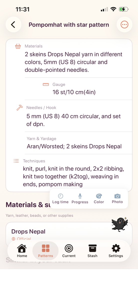 Pattern Info view showing extracted materials, gauge, needle sizes, and techniques