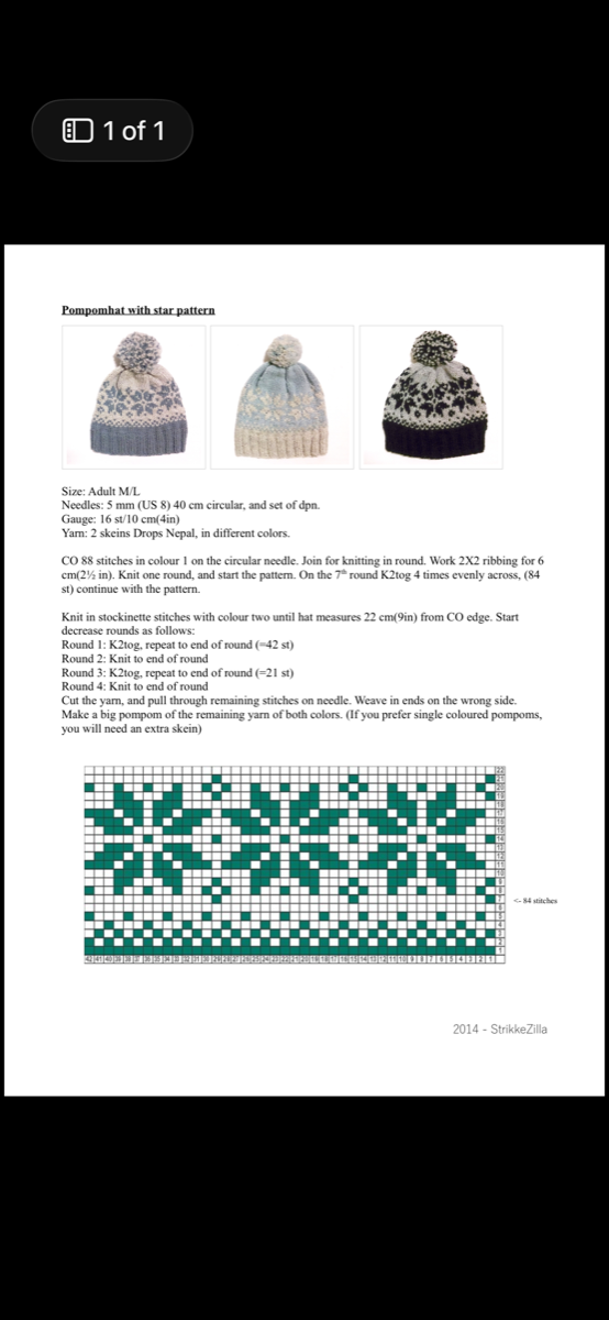 Page 1 of the Pompomhat with Star Pattern PDF