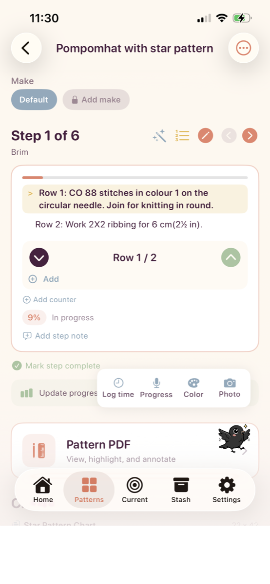 Step-by-step tracking view showing Step 1 of 6 with row counter